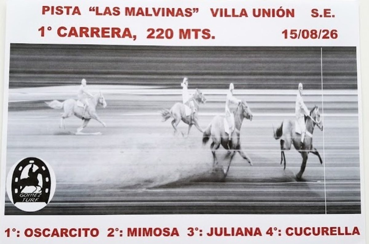 Planilla de resultados de la primera carrera cuadrera en la pista Las Malvinas, Villa Unión